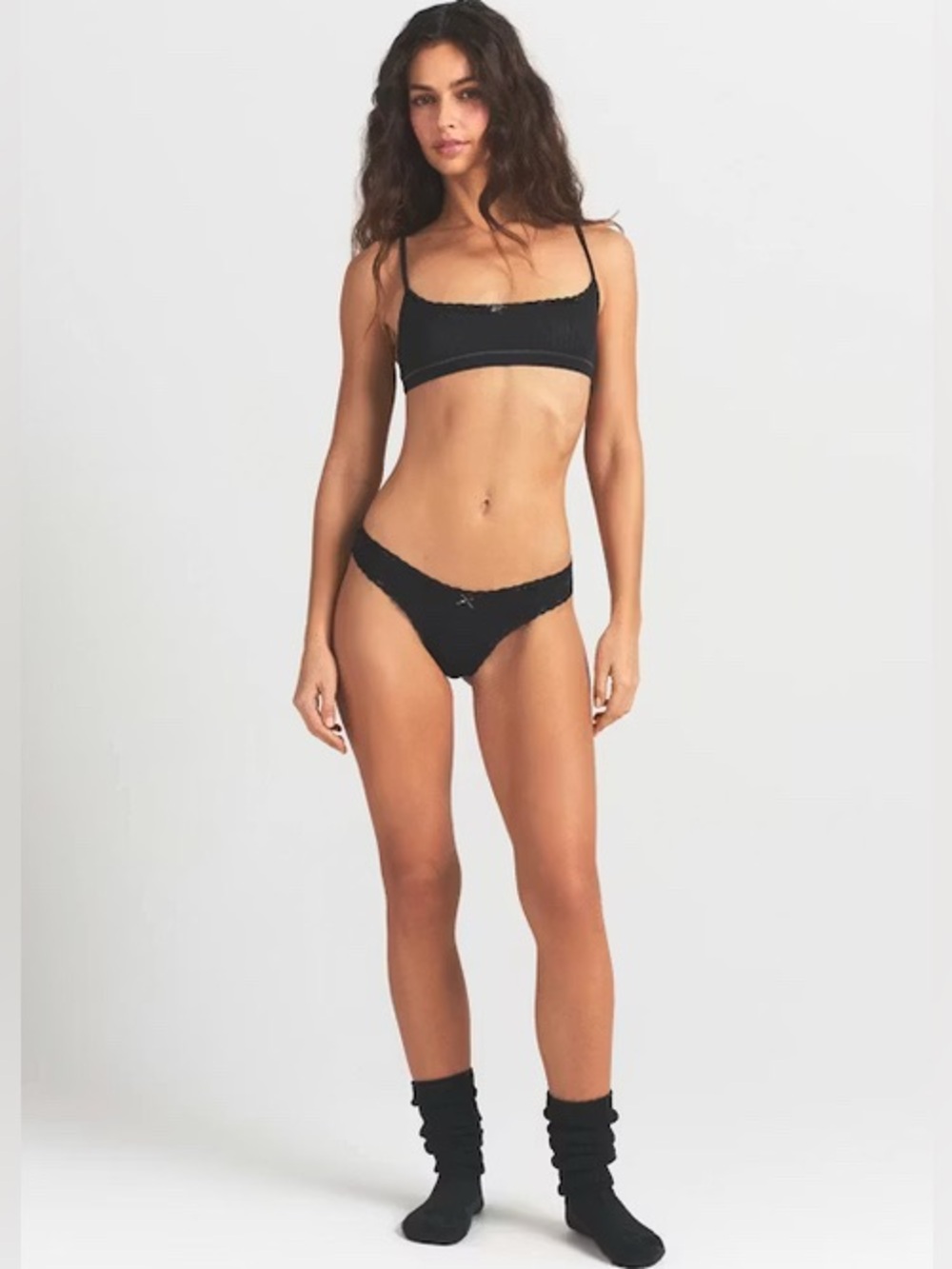 SKIMS Lightweight Cotton Pointelle Lace Trim Thong SOOT TONAL XS BNWT